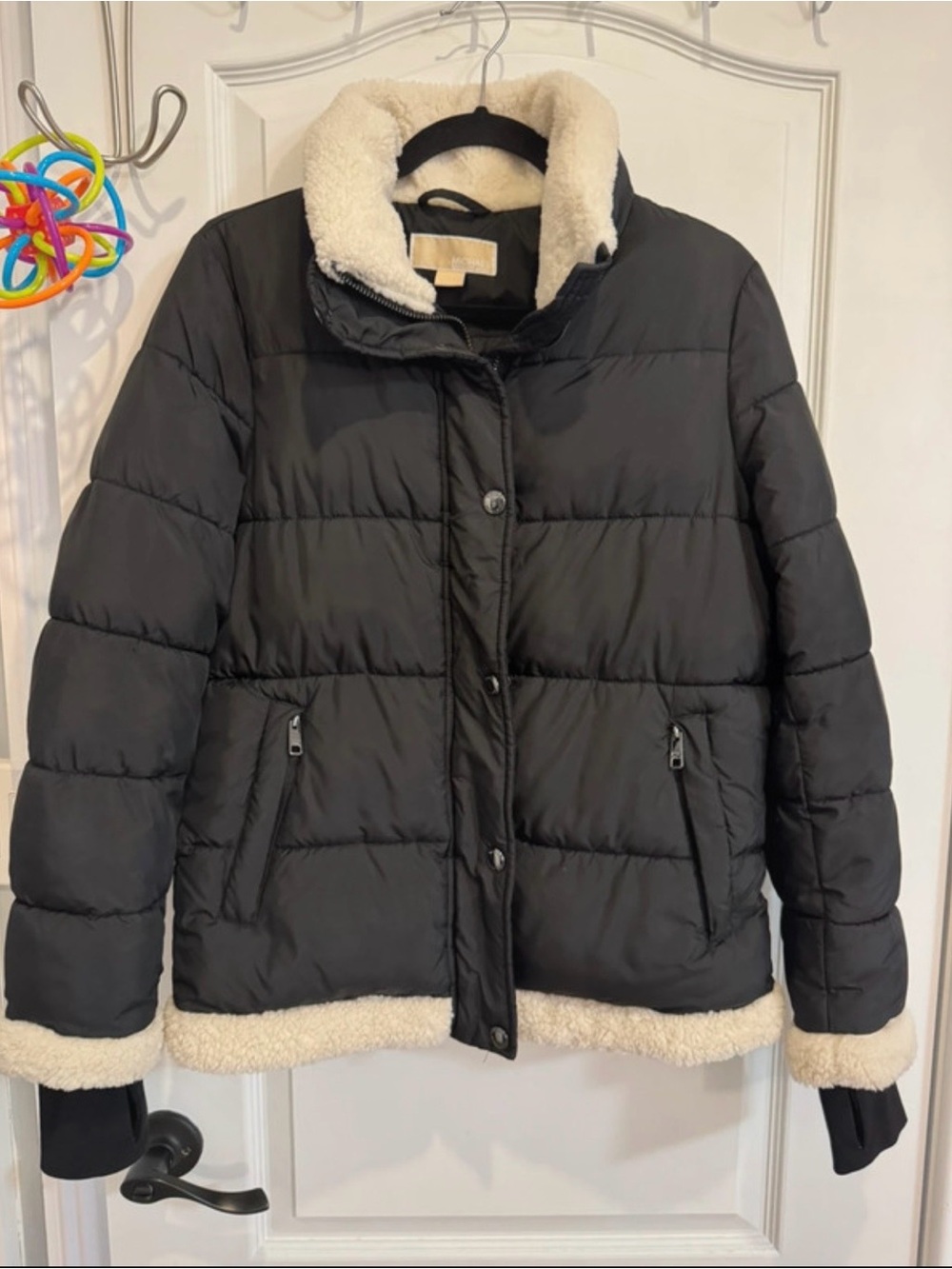 Michael Kors Black Puffer Jacket with Cream Sherpa Trim